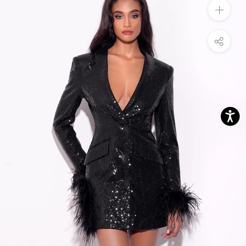 Sequin Feather Cuff Blazer Dress - Black